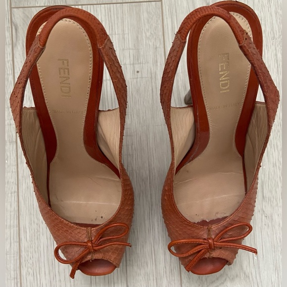 Fendi Logo Orange Skin Platform Slingback Heels Sandals Stilettos Size 37.7 7.5 - Picture 3 of 8